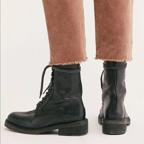 Free People Combat Boot Black Embossed Lace Up Zip Back - Picture 3 of 7